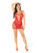 Leg Avenue red lace and net mini dress with dual straps, featuring sexy cutouts and a figure-hugging design.