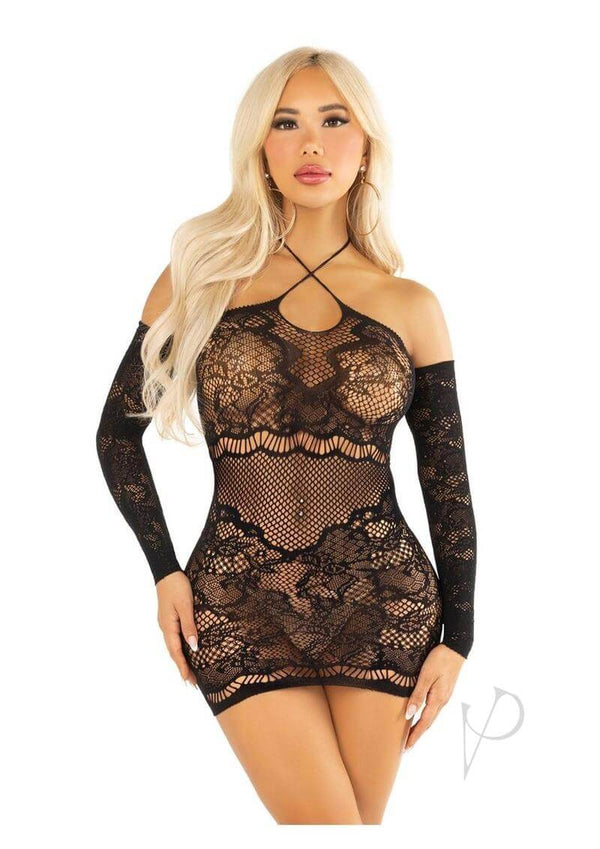 Leg Avenue Seamless Lace Net Off the Shoulder Dress OS Black, showcasing intricate lace and sheer netting design.