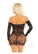 Leg Avenue Seamless Lace Net Off the Shoulder Dress OS Black worn from the back, showcasing its lace details and silhouette.