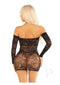 Leg Avenue Seamless Lace Net Off the Shoulder Dress OS Black worn from the back, showcasing its lace details and silhouette.