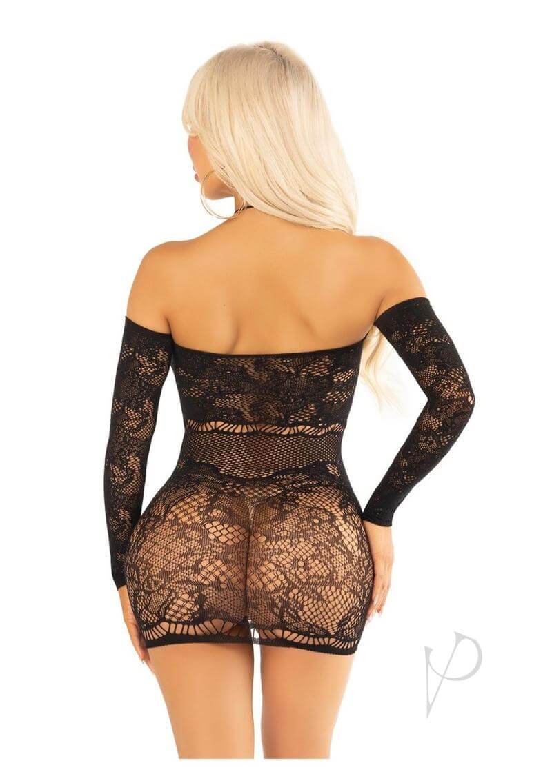 Leg Avenue Seamless Lace Net Off the Shoulder Dress OS Black worn from the back, showcasing its lace details and silhouette.