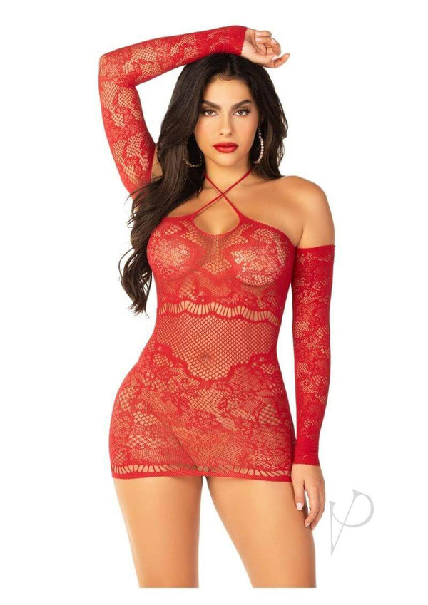 Leg Avenue Seamless Lace Net Off the Shoulder Mini Dress Red worn by a model, showcasing curves and scalloped lace accents.