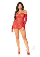 Leg Avenue Seamless Lace Net Off the Shoulder Mini Dress Red showcasing a sultry off-the-shoulder design with lace details.