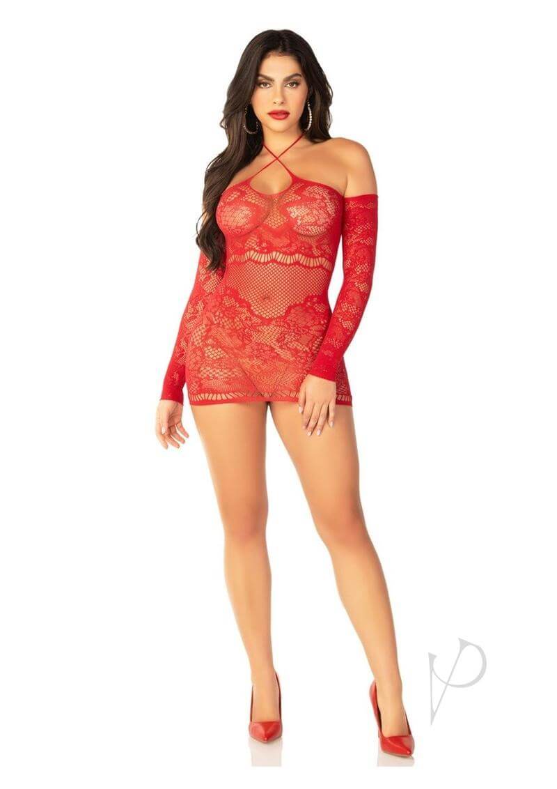 Leg Avenue Seamless Lace Net Off the Shoulder Mini Dress Red showcasing a sultry off-the-shoulder design with lace details.