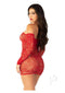 Leg Avenue Seamless Lace Net Off the Shoulder Mini Dress Red shown on model from back, featuring scalloped lace and fitted silhouette.