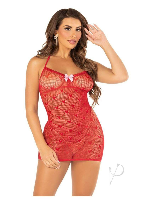 Leg Avenue Mini Heart Trimmed Heart Net Chemise OS Red worn by a model with adjustable halter and bow accent.