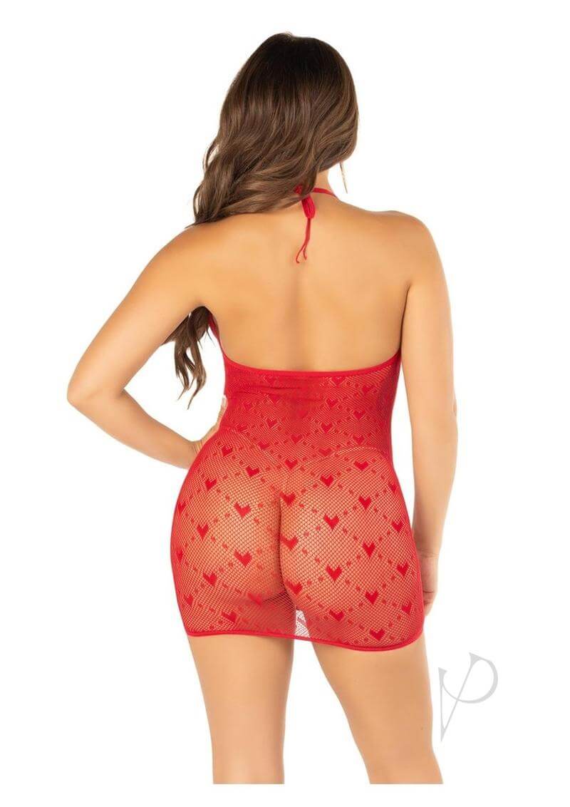 Leg Avenue Mini Heart Trimmed Heart Net Chemise OS Red back view showing heart net design and adjustable tie-back halter.