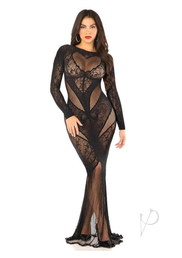 Leg Avenue Lace and Net Body Con Gown in black, showcasing a stunning body-con silhouette and see-through design.