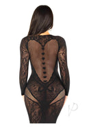 Back view of Leg Avenue black lace and net body-con gown featuring a heart detail and button design.
