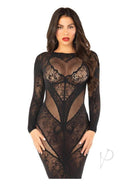 Leg Avenue Black Lace and Net Body Con Gown showcasing a stunning silhouette and heart detail.