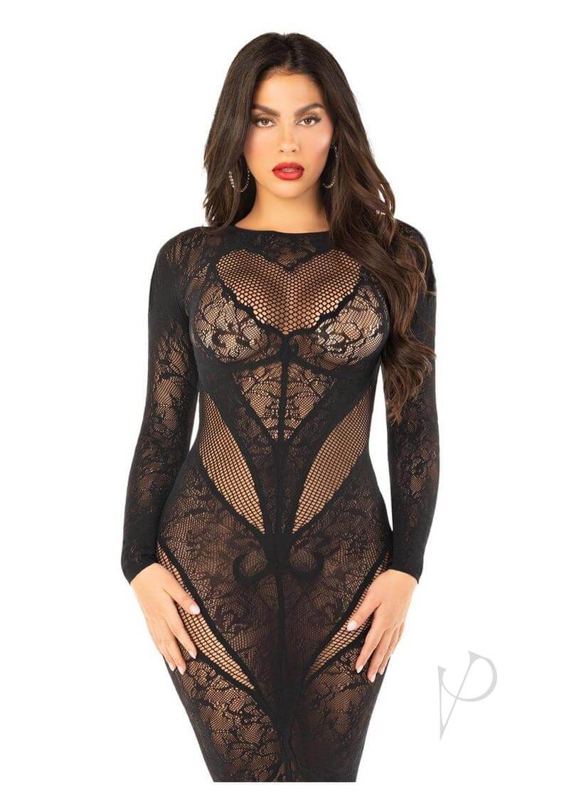 Leg Avenue Black Lace and Net Body Con Gown showcasing a stunning silhouette and heart detail.