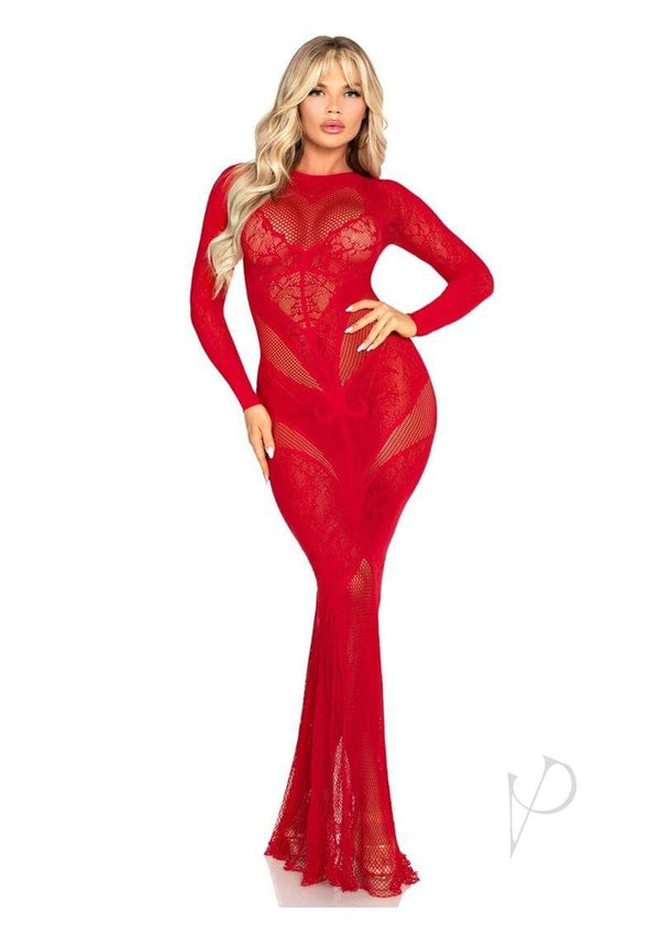 Lace Net Body Con Gown Heart Red Os-0