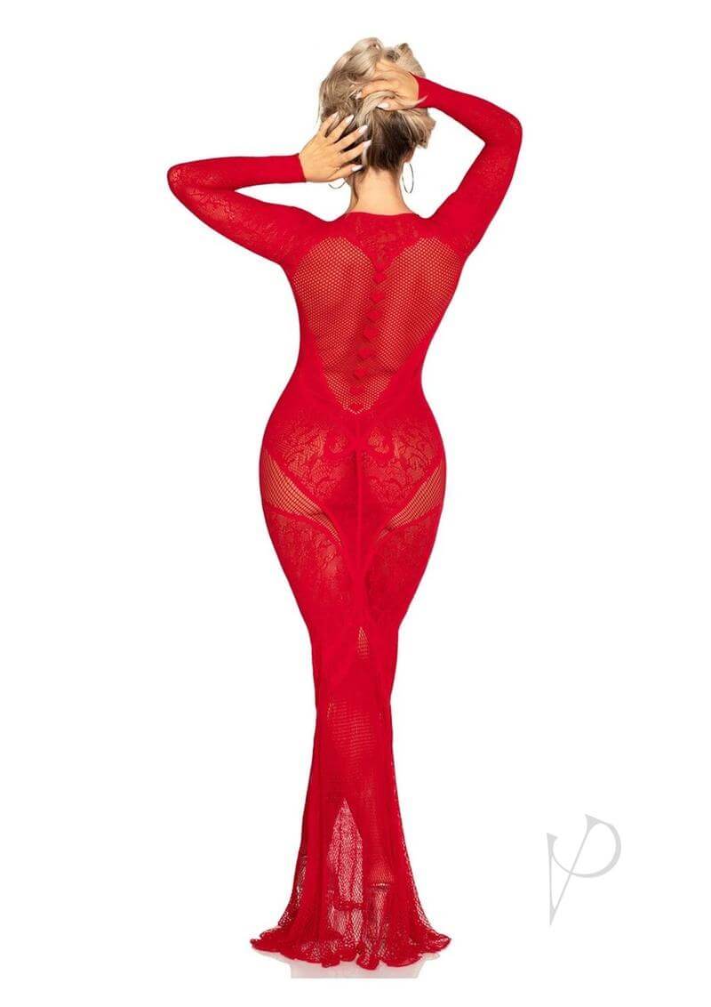 Lace Net Body Con Gown Heart Red Os-2
