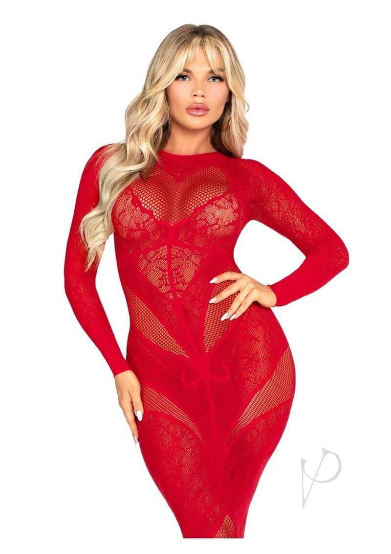 Lace Net Body Con Gown Heart Red Os-3