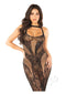 Model wearing Leg Avenue Seamless Rhinestone Lace and Net Dress Black, showcasing lace and net fabric with rhinestones.