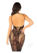 Leg Avenue Seamless Rhinestone Lace and Net Dress Black showcasing a seductive back design and intricate lace details.