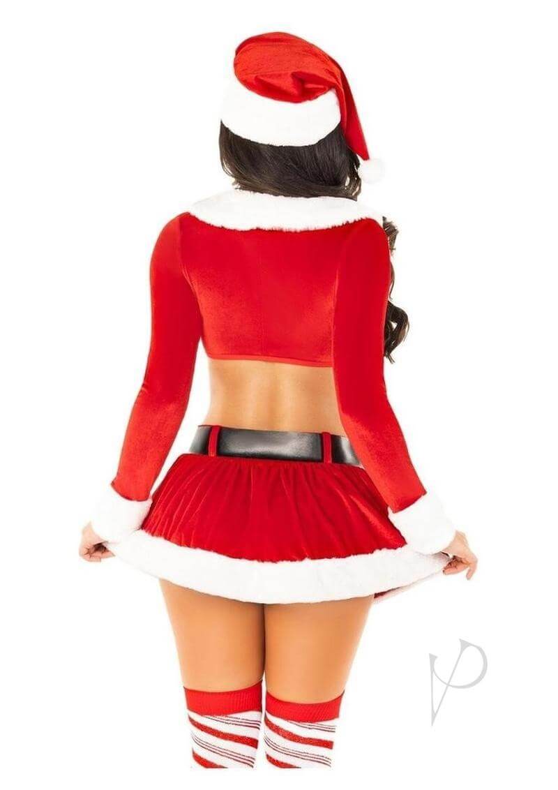 HoHo Hottie Santa Costume Medium featuring a red velvet crop top and mini skirt with faux fur, perfect for holiday festivities.