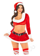 Flirty HoHo Hottie Santa costume featuring a velvet crop top, mini skirt, wide belt, and classic Santa hat, model smiling.