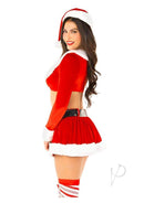 Model wearing HoHo Hottie Santa Costume, a red velvet crop top, mini skirt, belt, and hat, showcasing a festive holiday look.