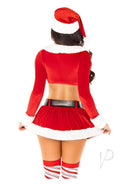 Flirty HoHo Hottie Santa costume featuring a velvet crop top, mini skirt, Santa hat, and faux fur trim.