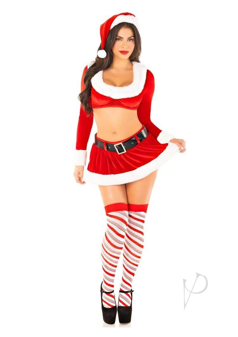 Flirty HoHo Hottie Santa Costume in red velvet with faux fur trim, featuring a crop top, mini skirt, and Santa hat.