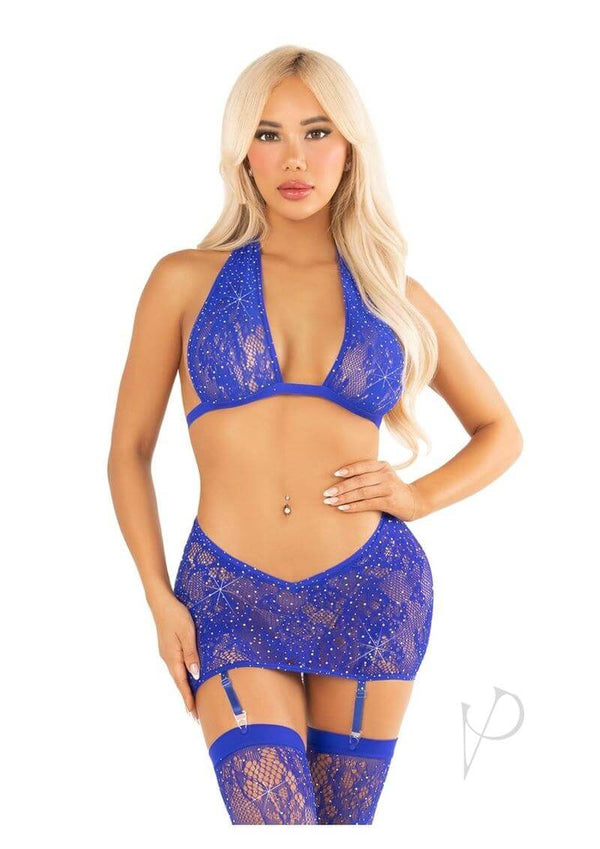 Leg Avenue Rhinestone Lace Halter Top and Stockings 3 Piece set in blue on model, showcasing a sexy lingerie look.