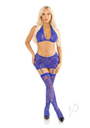 Leg Avenue Rhinestone Lace Halter Top and Stockings set in blue on model showcasing sexy lingerie look.