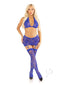 Leg Avenue Rhinestone Lace Halter Top and Stockings set in blue on model showcasing sexy lingerie look.