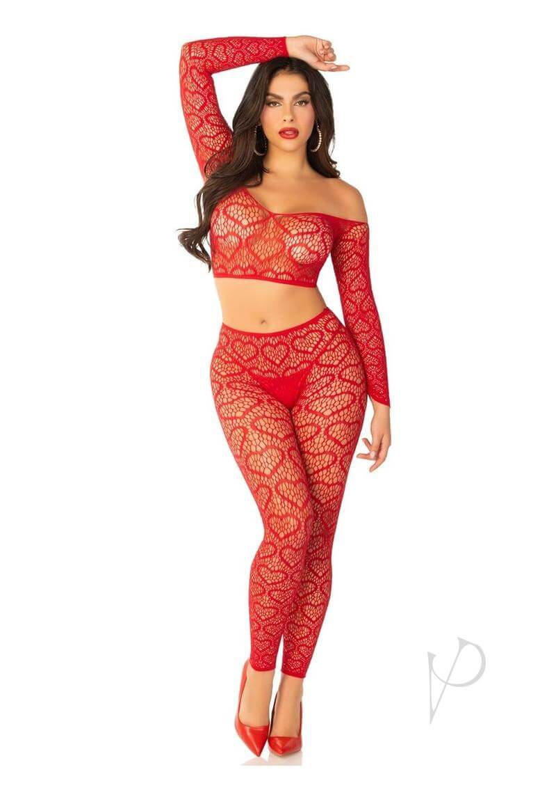 Leg Avenue Heart Net Off the Shoulder Crop Top and Tights in red, showcasing a flirty design with heart patterns.