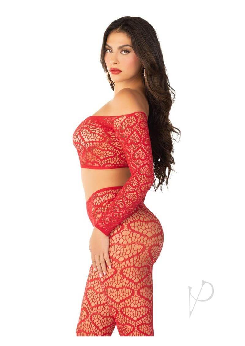 Leg Avenue Heart Net Off the Shoulder Crop Top and Tights in red, showcasing a model wearing this sexy lingerie set.