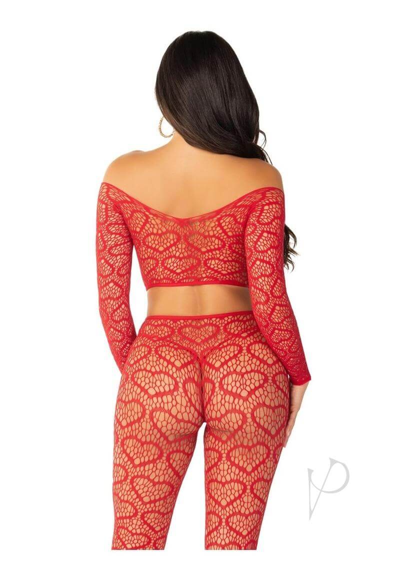 Back view of Leg Avenue Heart Net Off the Shoulder Crop Top and Tights set in red, featuring heart patterns and a flattering fit.