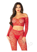 Leg Avenue Heart Net Off the Shoulder Crop Top and Tights set in red, featuring a flirty heart design for sexy lingerie.
