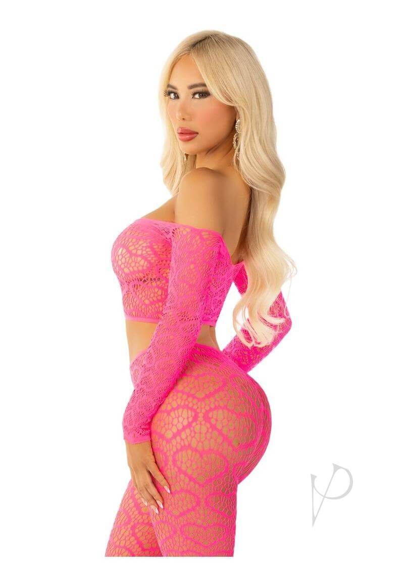 Model wearing Leg Avenue pink heart net off-the-shoulder crop top and matching tights, showcasing a flirty lingerie look.