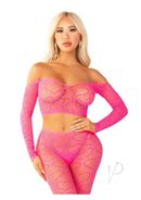 Leg Avenue Heart Net Off the Shoulder Crop Top and Tights in pink, showcasing a flirty lingerie look with long sleeves.