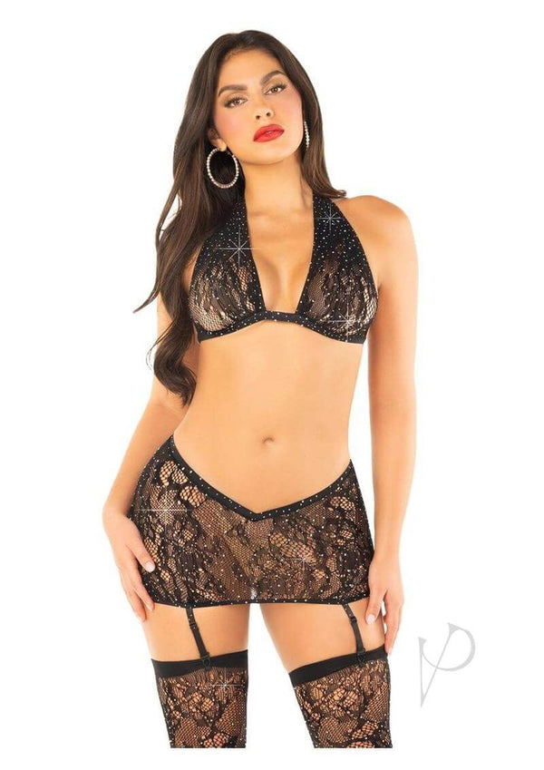 Leg Avenue Rhinestone Lace Halter Bra Skirt and Stockings set featuring a sexy lace halter top and V-cut garter skirt.