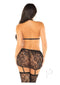 Back view of a woman wearing a Leg Avenue rhinestone lace halter bra, skirt, and stockings set.
