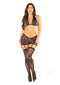 Leg Avenue Rhinestone Lace Halter Bra, skirt, and stockings set in black lace, featuring a daring and sexy look.
