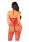 Back view of Leg Avenue red seamless net and lace lingerie jumpsuit showcasing curve-hugging design and halter neck.