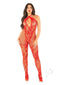 Red lace and net lingerie jumpsuit with plunging neckline and halter style, perfect for a sexy night out.