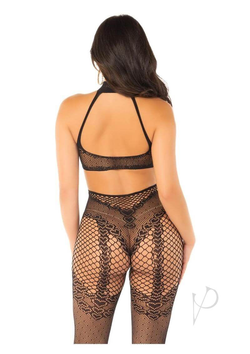 Back view of a sexy black crotchless bodystocking featuring fishnet design and halter top by Leg Avenue.