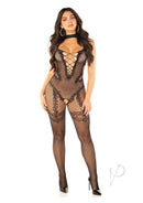 Leg Avenue black crotchless bodystocking on model, showcasing dotted mesh, cut-out details, and heart accents.