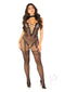 Leg Avenue black crotchless bodystocking on model, showcasing dotted mesh, cut-out details, and heart accents.