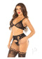 Leg Avenue Lace Bra Top G String Panty and Stockings Black showcased on a model in a sensual pose.