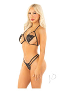 Leg Avenue Heart Applique Open Cup Bra G String Panty Black model wearing sultry black lingerie set with heart detail.