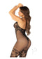 Leg Avenue Seamless Net and Lace Lingerie Jumpsuit in black, showcasing a side view with a plunging neckline and lace design.