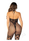 Leg Avenue black seamless net and lace lingerie jumpsuit showing back view, featuring a halter neck and floral lace design.
