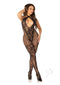 Leg Avenue black net and lace lingerie jumpsuit featuring halter and plunging keyhole design.