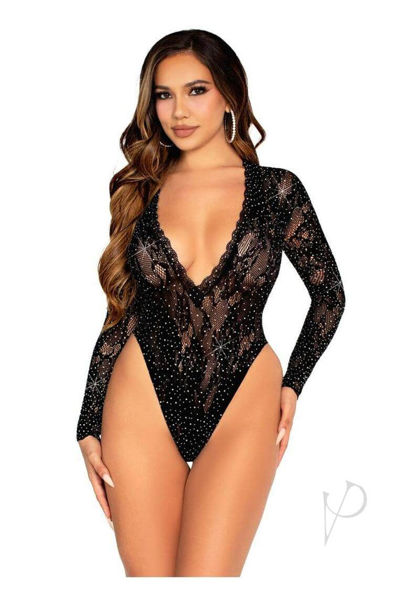 Rhinestone Lace Deep V Bodysuit Blk Os-0