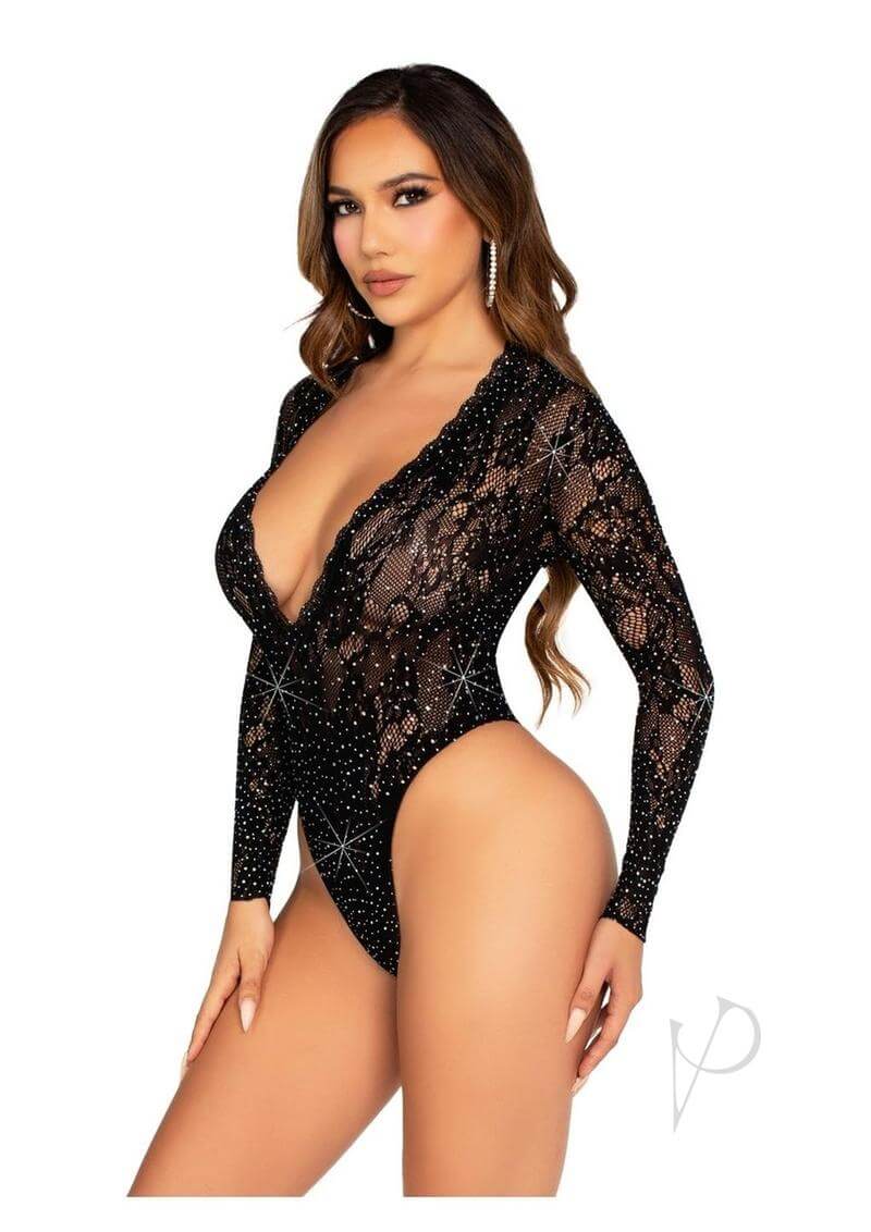 Rhinestone Lace Deep V Bodysuit Blk Os-1