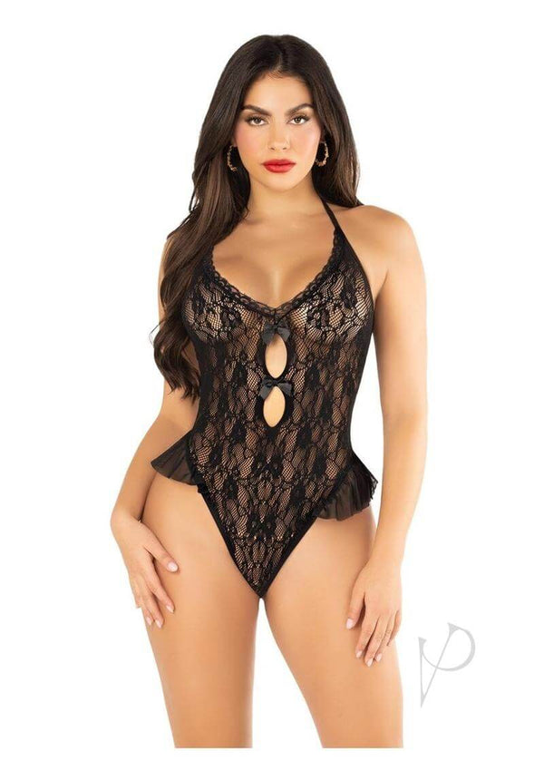 Floral Lace Halter Bodysuit with Mini Bow and Flutter Accent OS Black, showcasing lace design and playful accents.